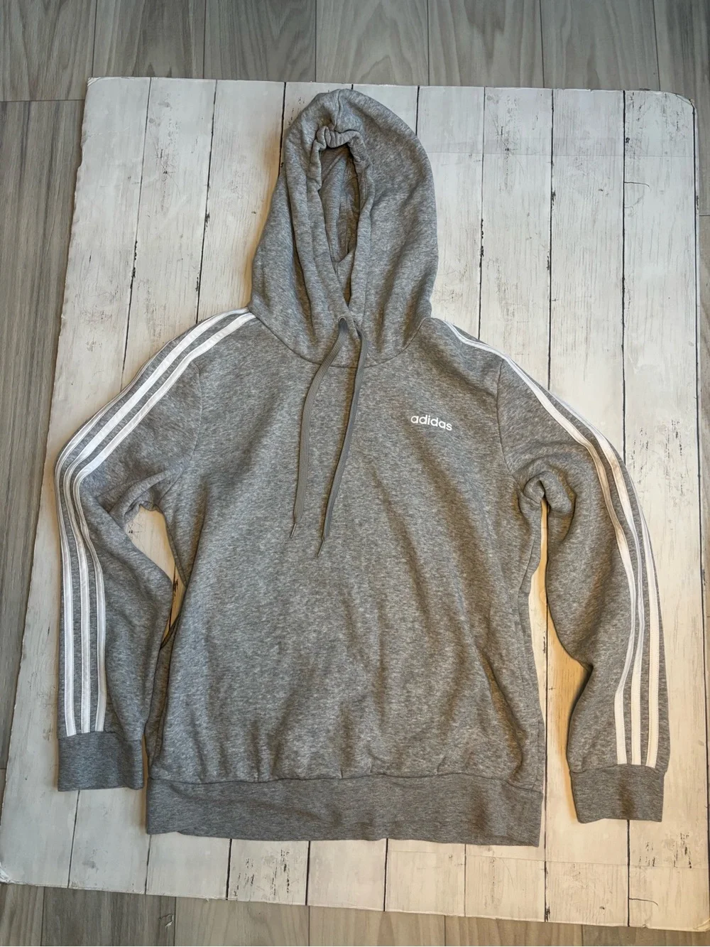 adidas Gray Hooded Sweatshirt with White Three-Stripe Sleeves
